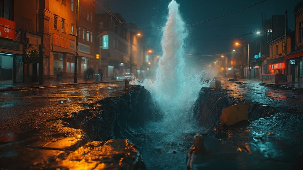 Nighttime urban main break, flooded intersection
